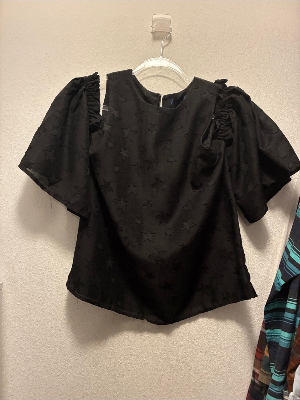 Blue Rain Black Star Embossed Cold-Shoulder Blouse